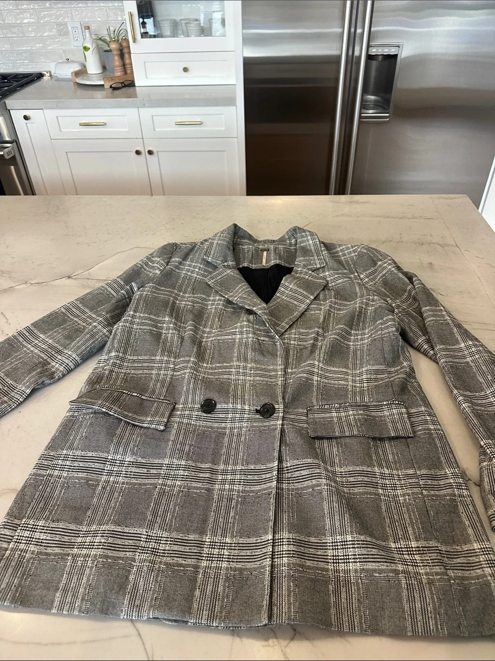 Free People Gray Plaid Double-Breasted Blazer